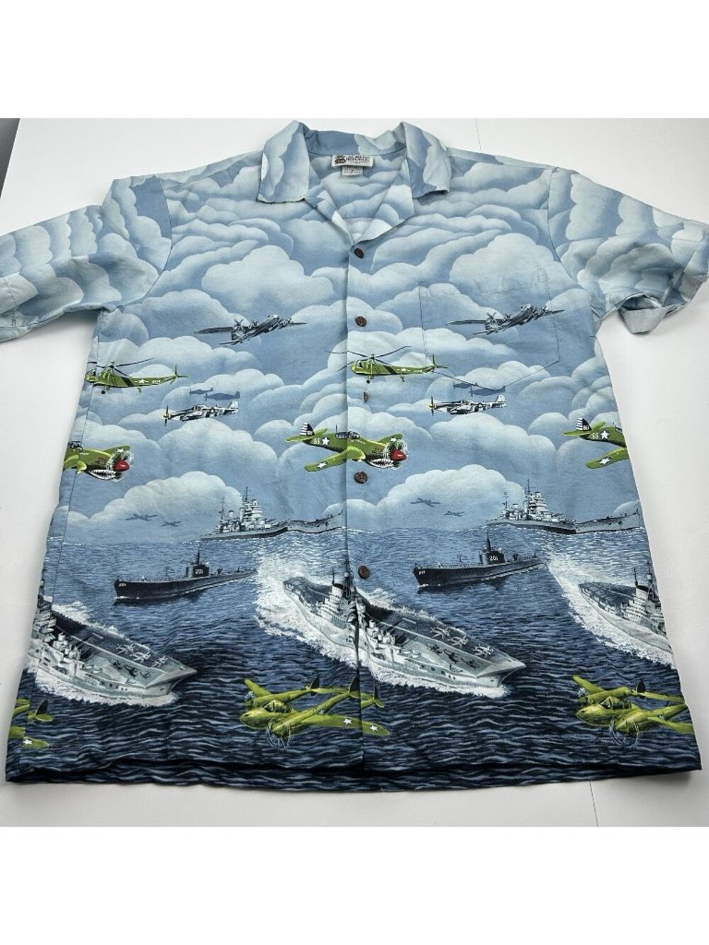 Aloha Republic PACIFIC OPERATIONS BLUE HAWAIIAN SHIRT Aircraft Ships WWII L